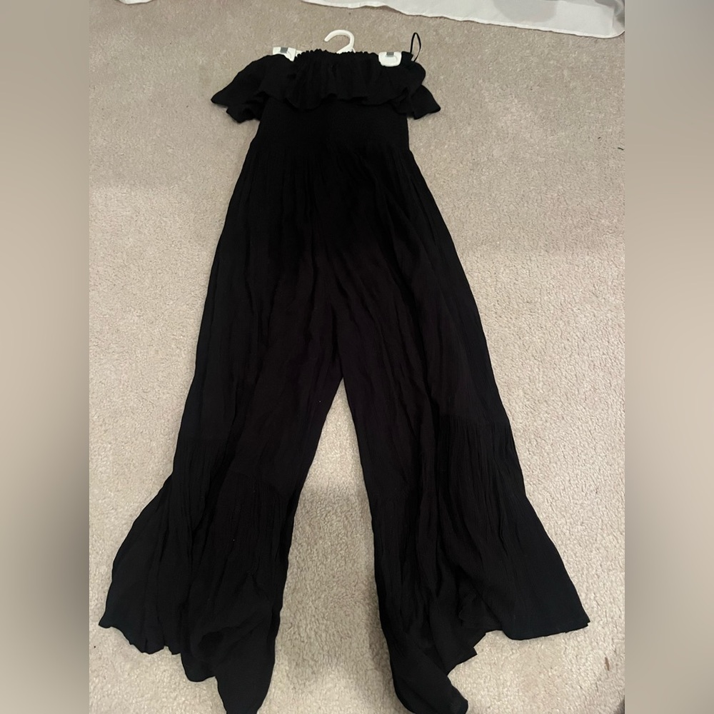 black palazzo strapless jumpsuit